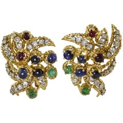 Vintage Diamonds Sapphires Rubyes Emeralds Yellow Gold Earrings