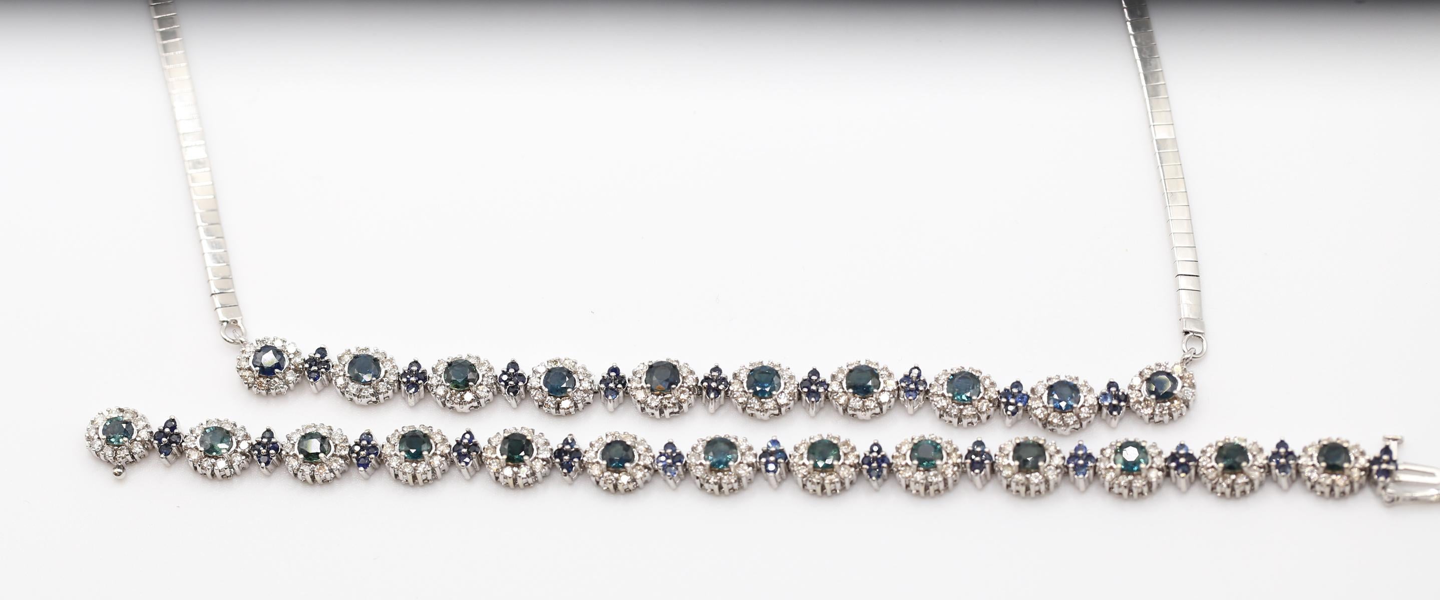 Round Cut Diamonds Sapphires Set Necklace Bracelet White Gold, 1975 For Sale