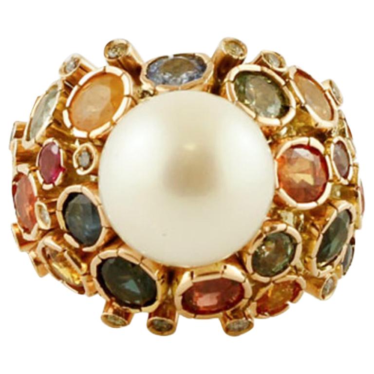 Diamonds, Sapphires, South Sea Pearl, 14 Karat Yellow Gold Vintage Ring