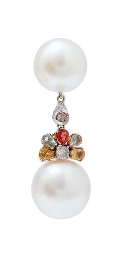 Diamonds, Sapphires, South- Sea Pearls, 14 Karat White and Rose Gold Earrings