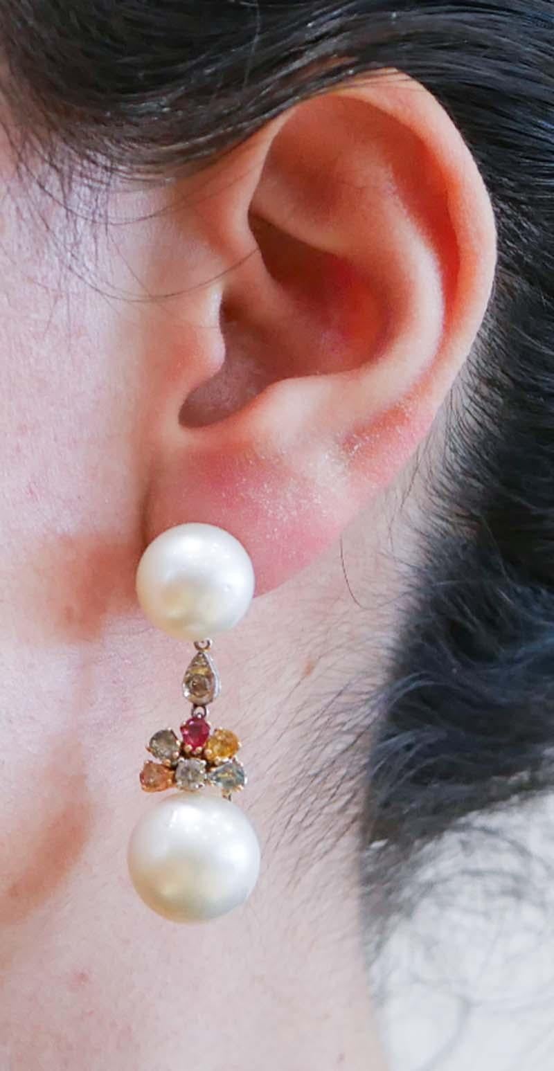 Diamanti, zaffiri, perle dei mari del sud, orecchini in oro bianco e rosa 14 carati In condizioni buone in vendita a Marcianise, Marcianise (CE)