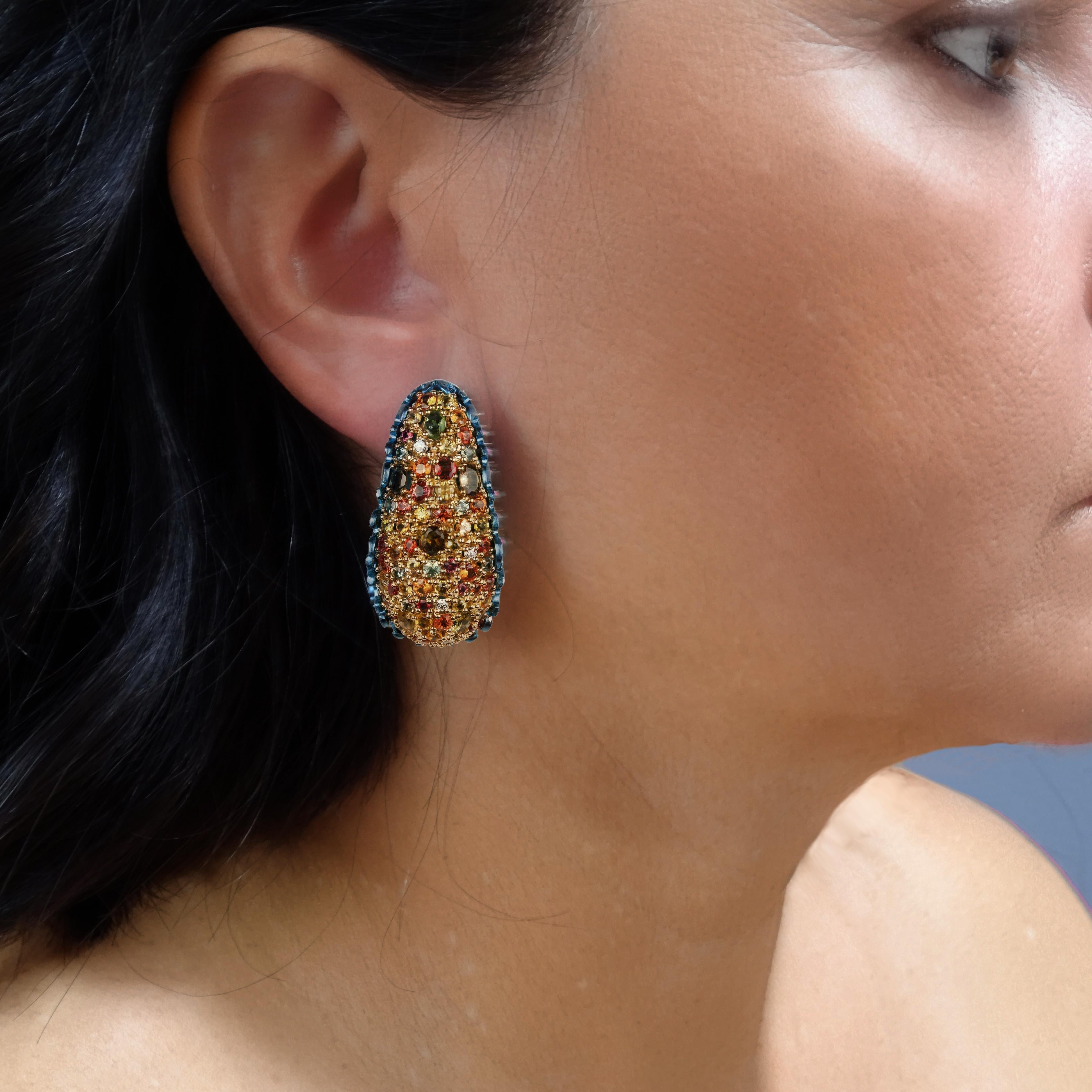 Brilliant Cut Diamonds Sapphires Tourmalines 18 Karat Gold Titanium Clip-On Earrings blue  For Sale