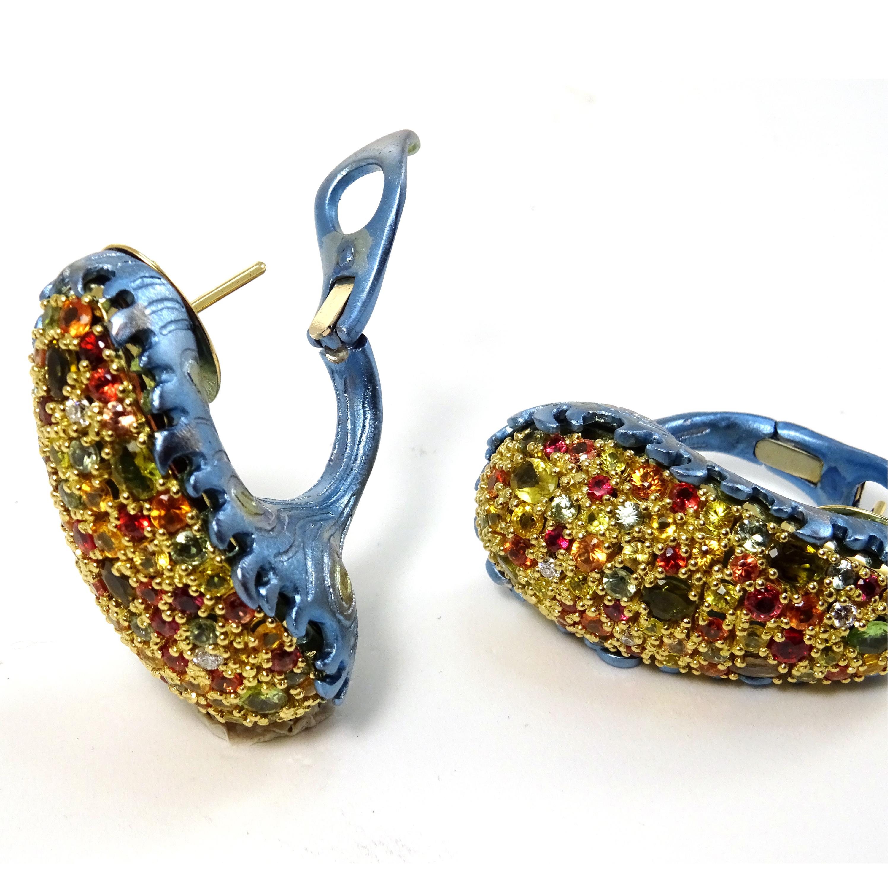 Diamonds Sapphires Tourmalines 18 Karat Gold Titanium Clip-On Earrings blue  For Sale 3