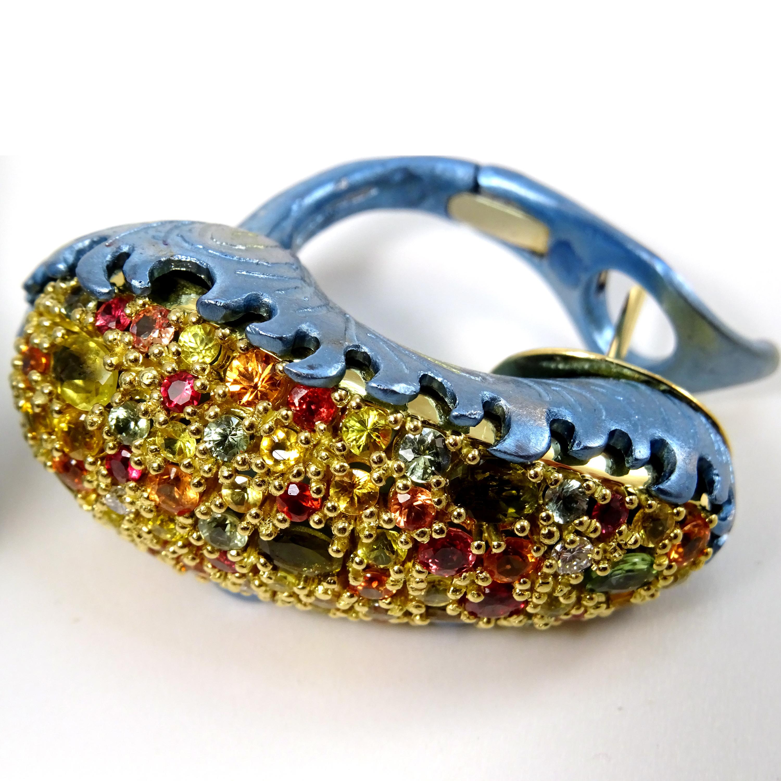 Diamonds Sapphires Tourmalines 18 Karat Gold Titanium Clip-On Earrings blue  For Sale 4