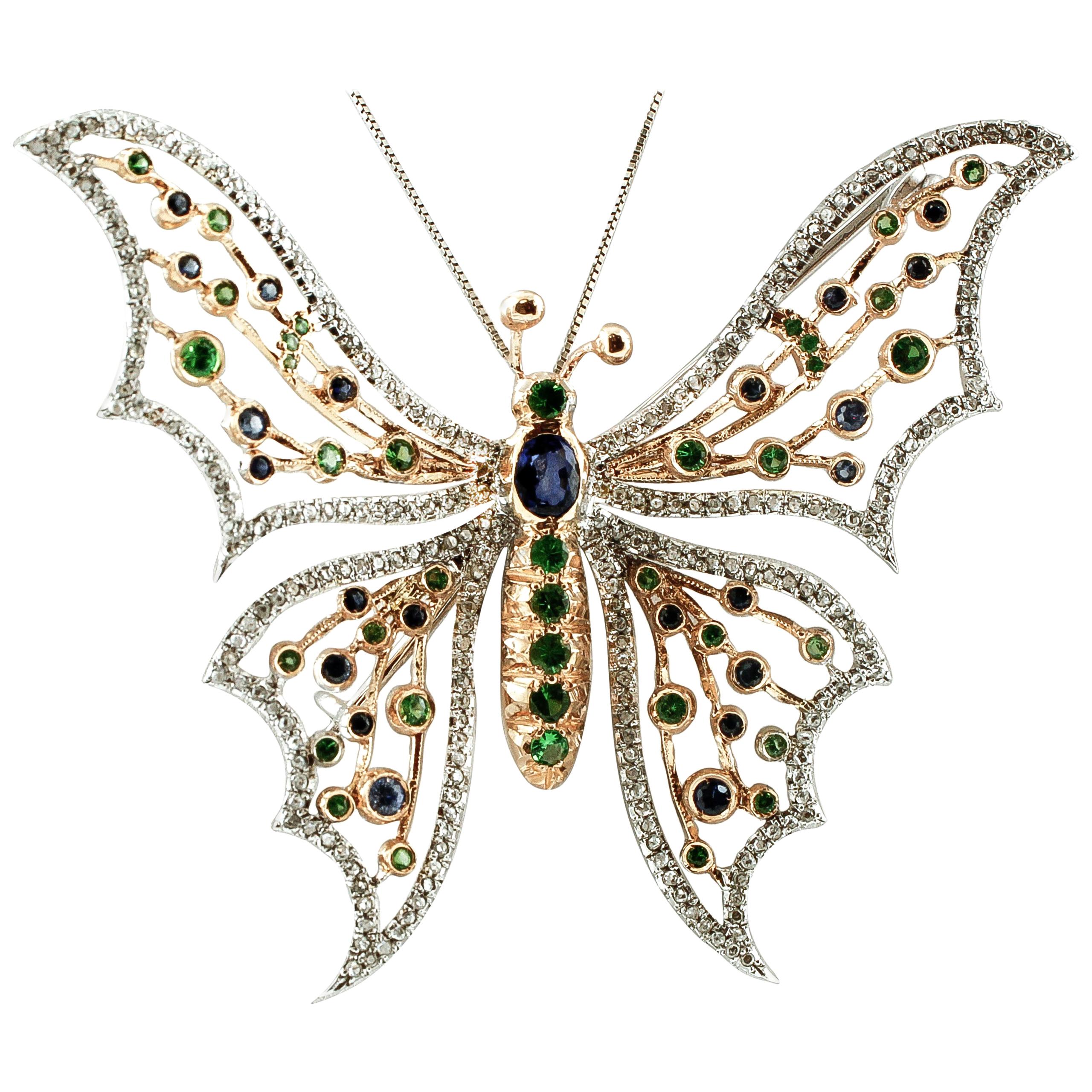 Diamonds, Sapphires, Tsavorite, 14 Kt White Yellow Gold Butterfly Brooch Pendant