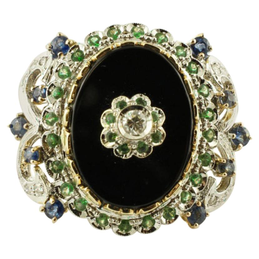 Diamonds, Sapphires, Tsavorite, Onyx, 14 Karat White and Rose Gold Vintage Ring For Sale