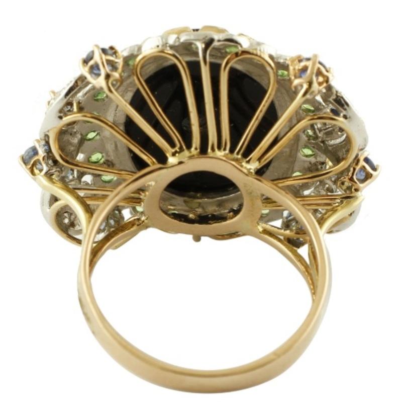 Retro Diamonds, Sapphires, Tsavorite, Onyx, 14 Karat White and Rose Gold Vintage Ring For Sale