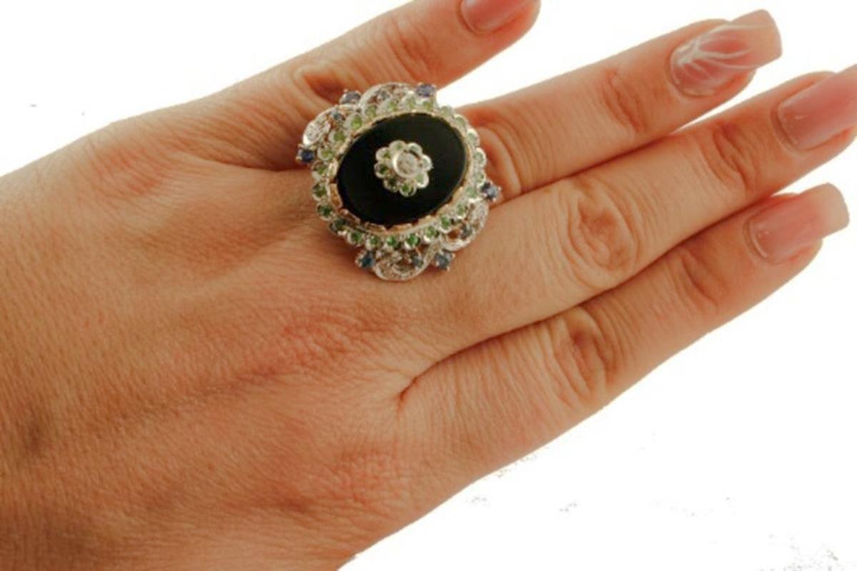 Women's Diamonds, Sapphires, Tsavorite, Onyx, 14 Karat White and Rose Gold Vintage Ring For Sale