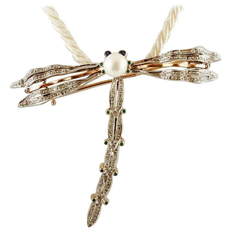 Diamonds, Sapphires, Tsavorite, Pearl, Gold and Silver Dragonfly Brooch/Pendant
