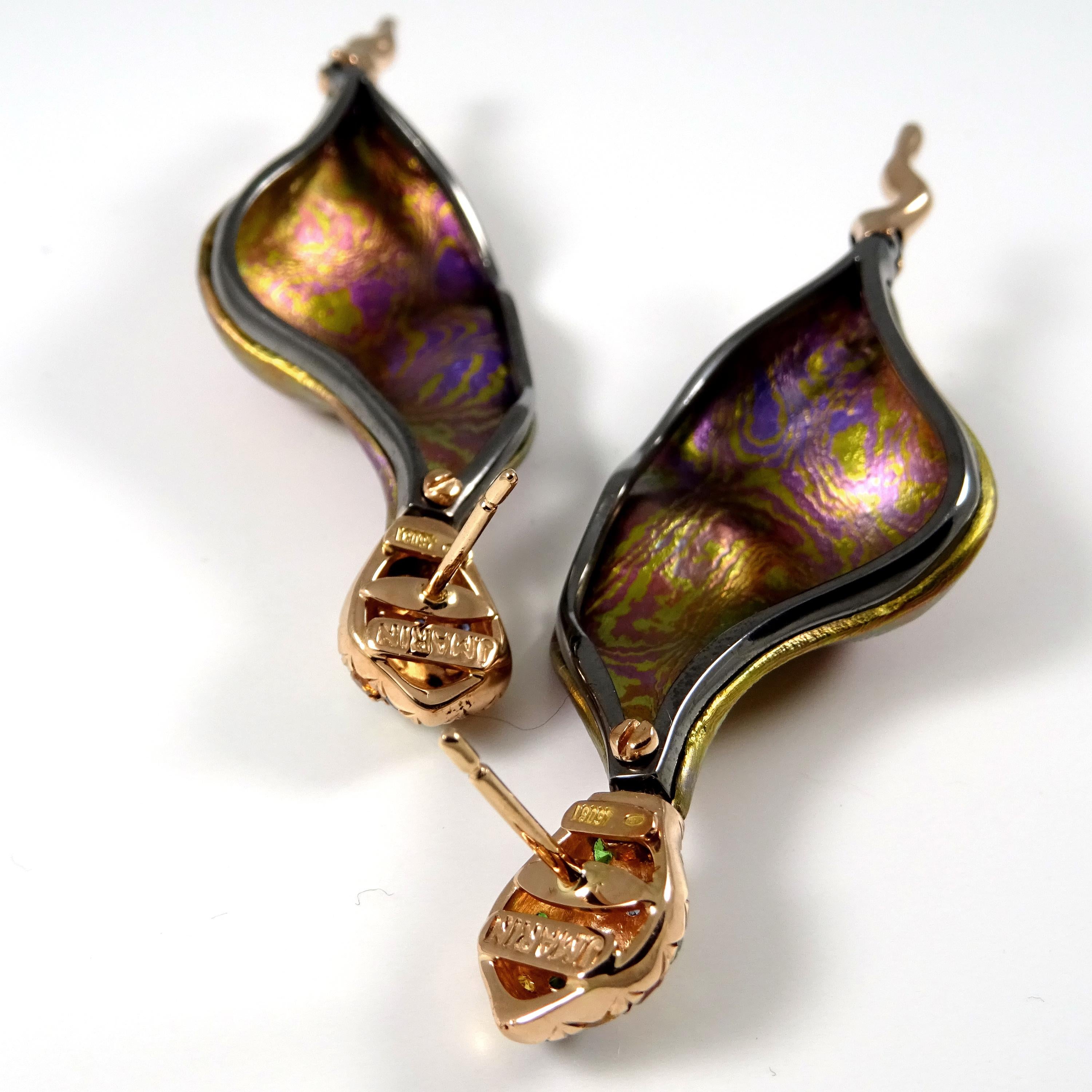 Diamonds  Blue Yellow Sapphires Tsavorites 18 Karat Gold Pink Timascus Earrings For Sale 6