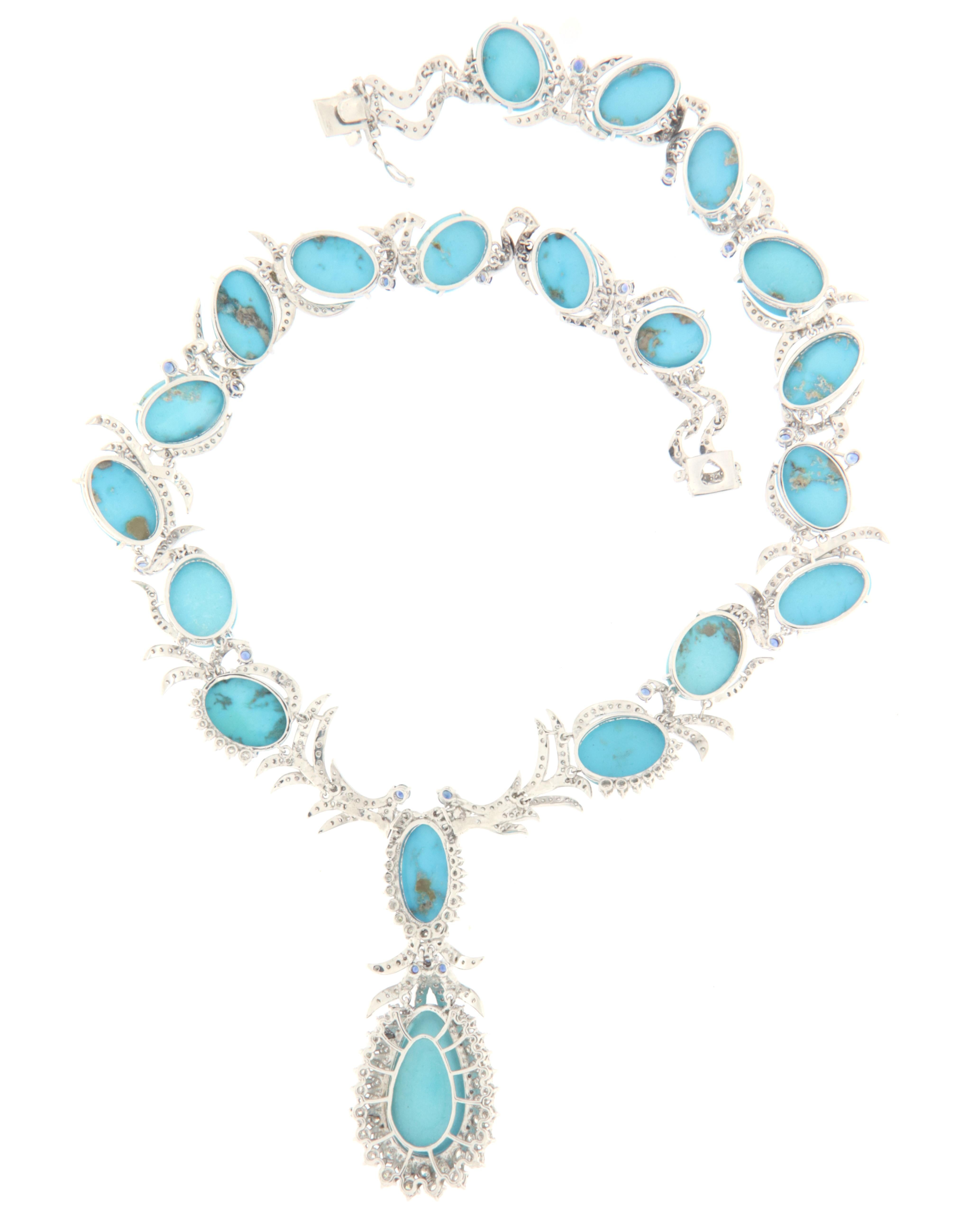 Contemporary Diamonds Sapphires Turquoise White Gold 18 Karat Parure Necklace And Earrings