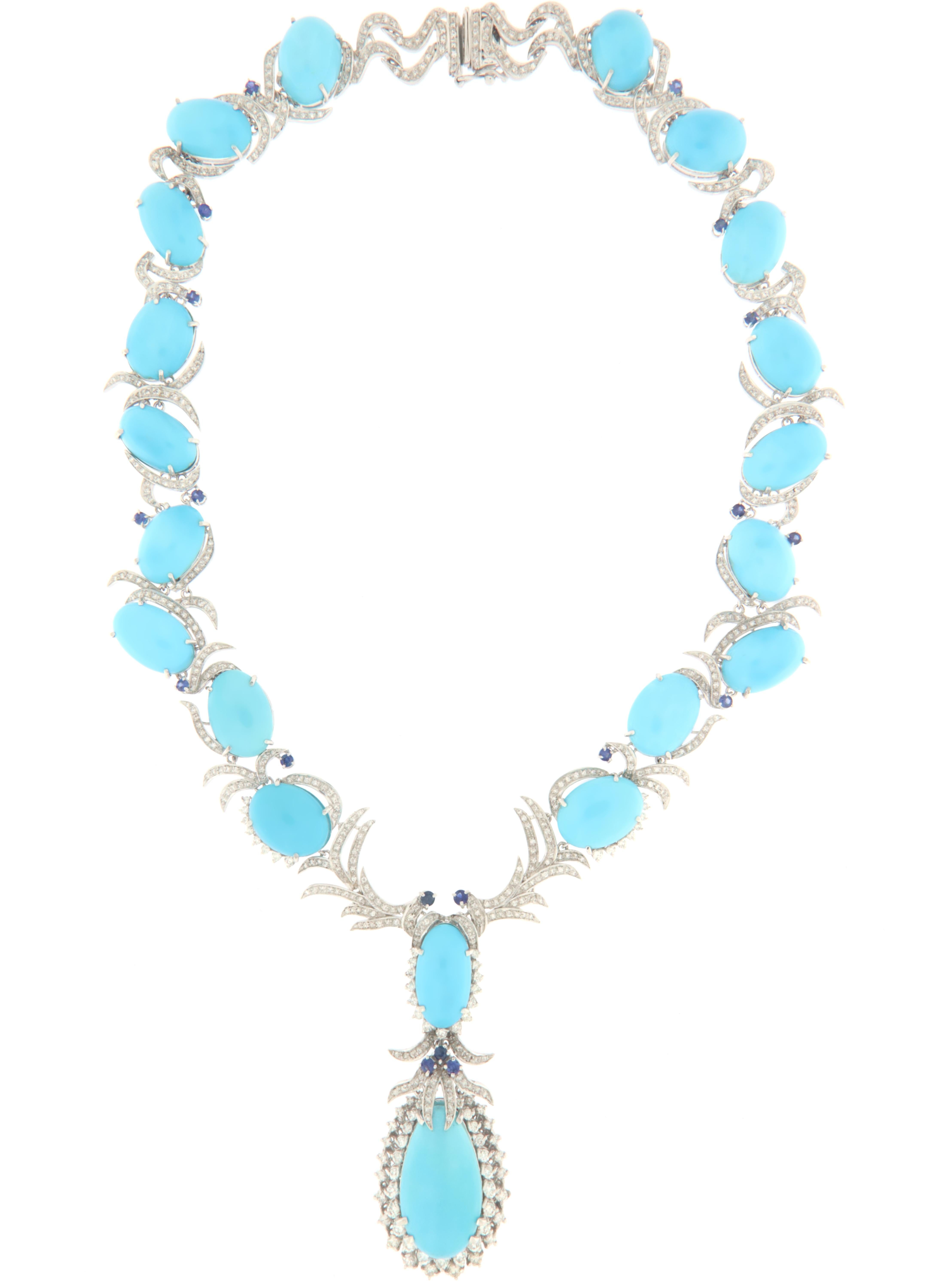 Brilliant Cut Diamonds Sapphires Turquoise White Gold 18 Karat Parure Necklace And Earrings