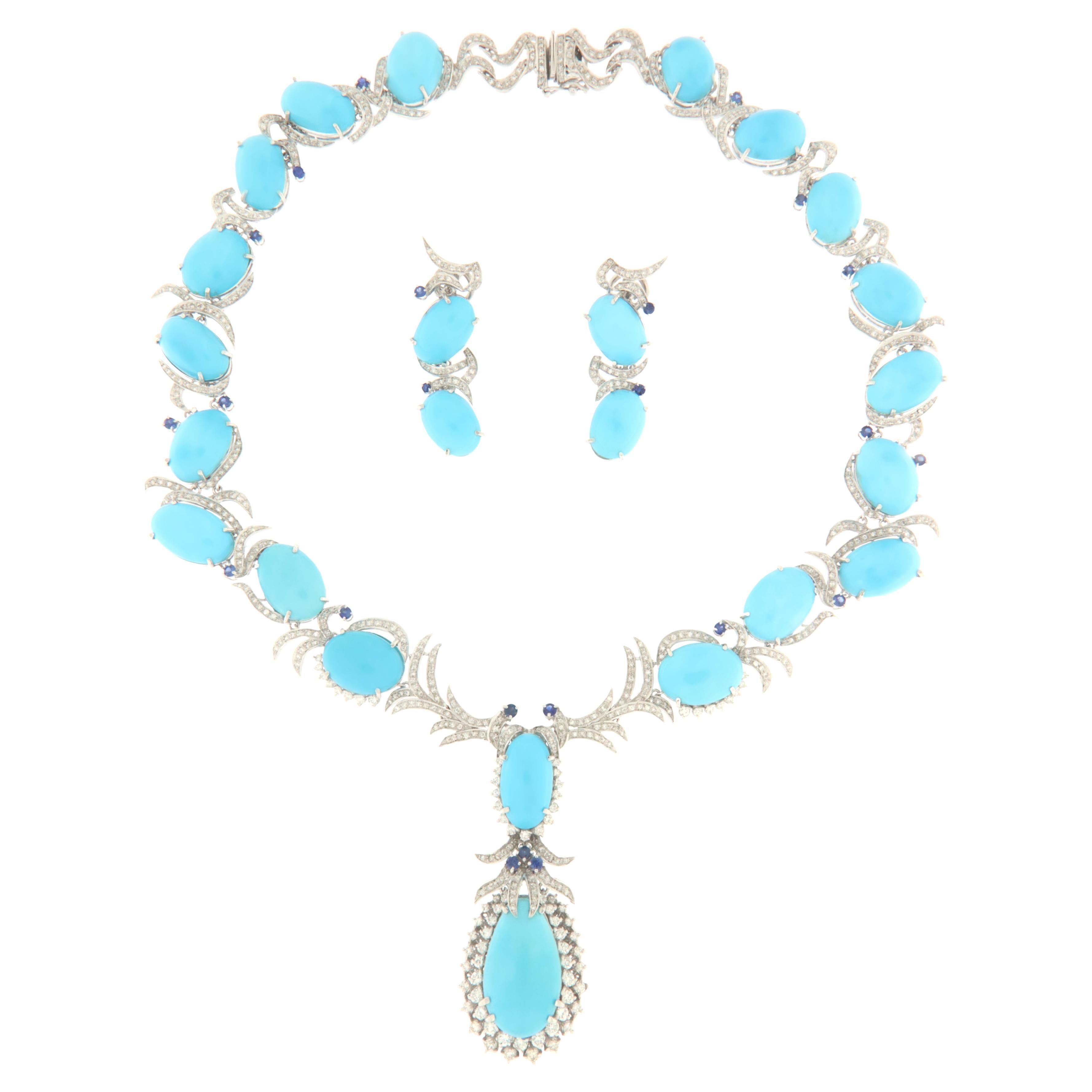 Diamonds Sapphires Turquoise White Gold 18 Karat Parure Necklace And Earrings