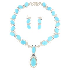 Diamonds Sapphires Turquoise White Gold 18 Karat Parure Necklace And Earrings