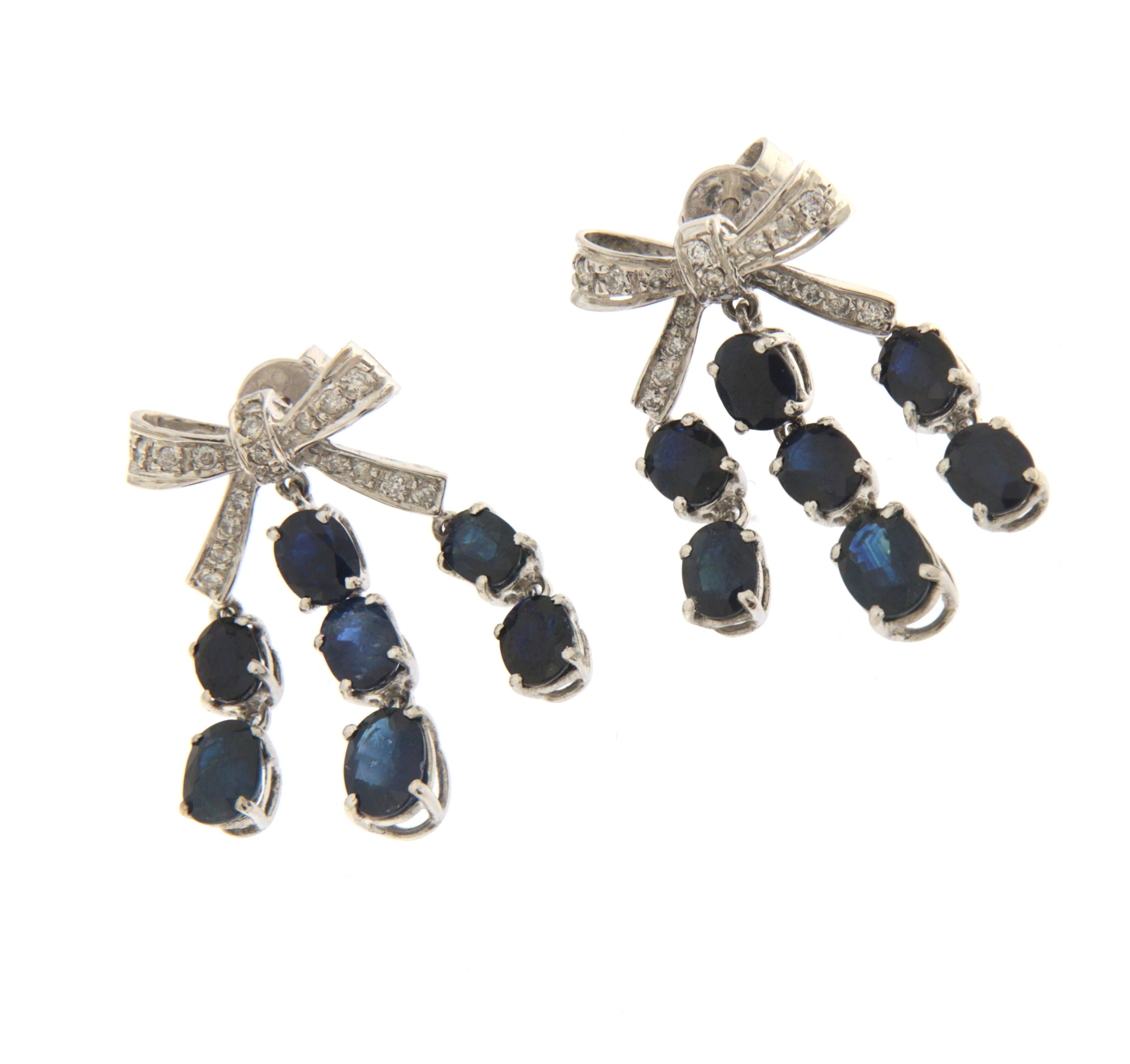 Artisan Diamonds Sapphires White Gold 18 Carat Dangle Earrings For Sale