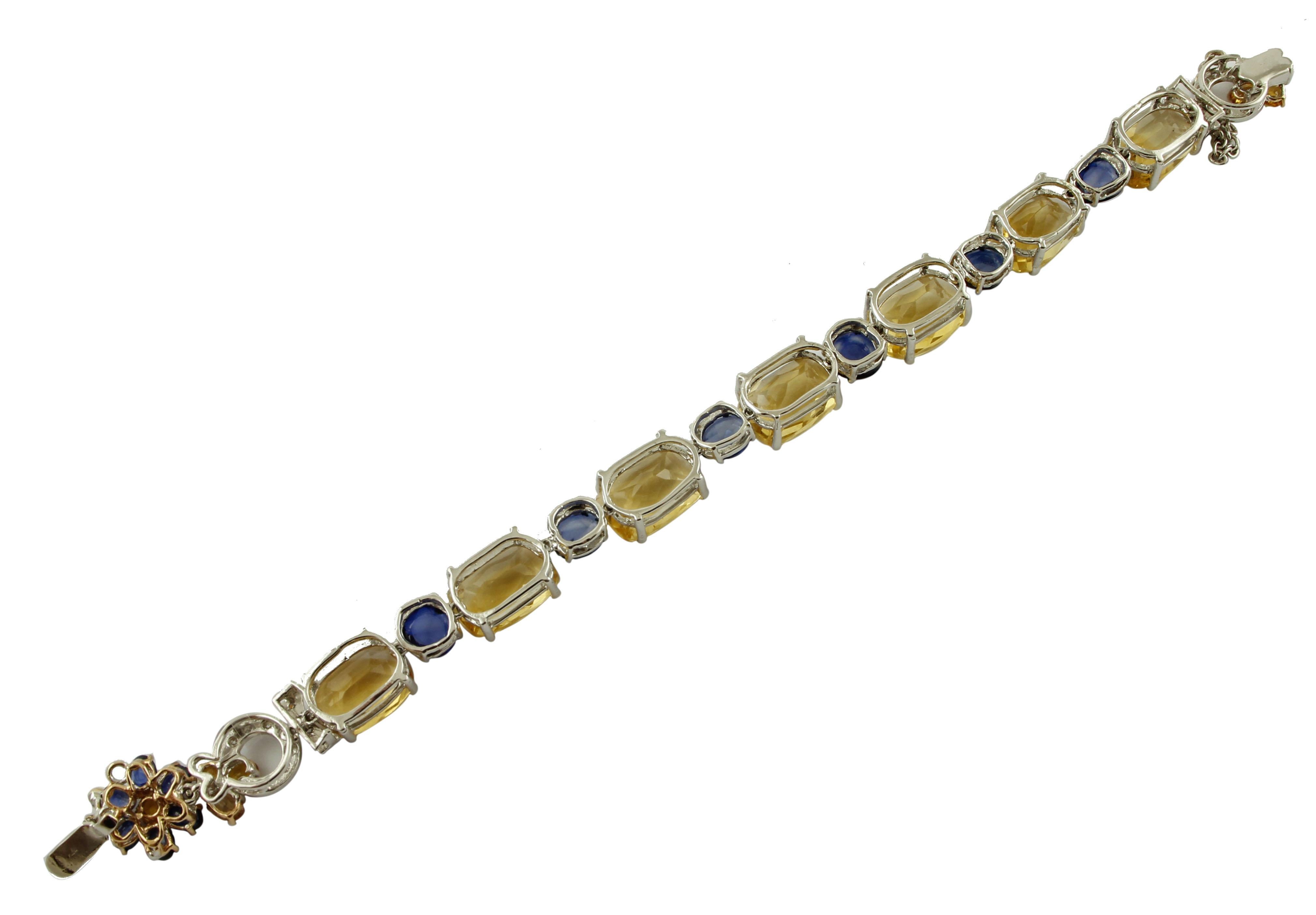Retro Diamonds, Sapphires, Yellow Topaz, 14 Karat White Gold Bracelet