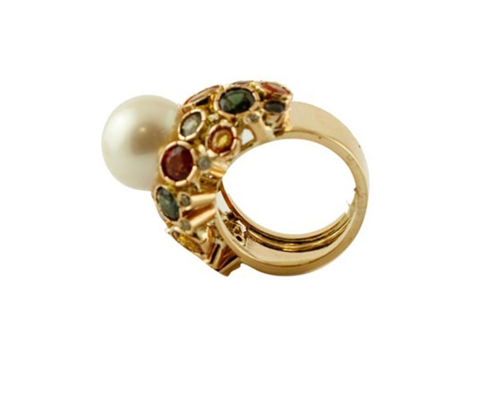 Retro Diamonds, Sapphires, South Sea Pearl, 14 Karat Yellow Gold Vintage Ring For Sale