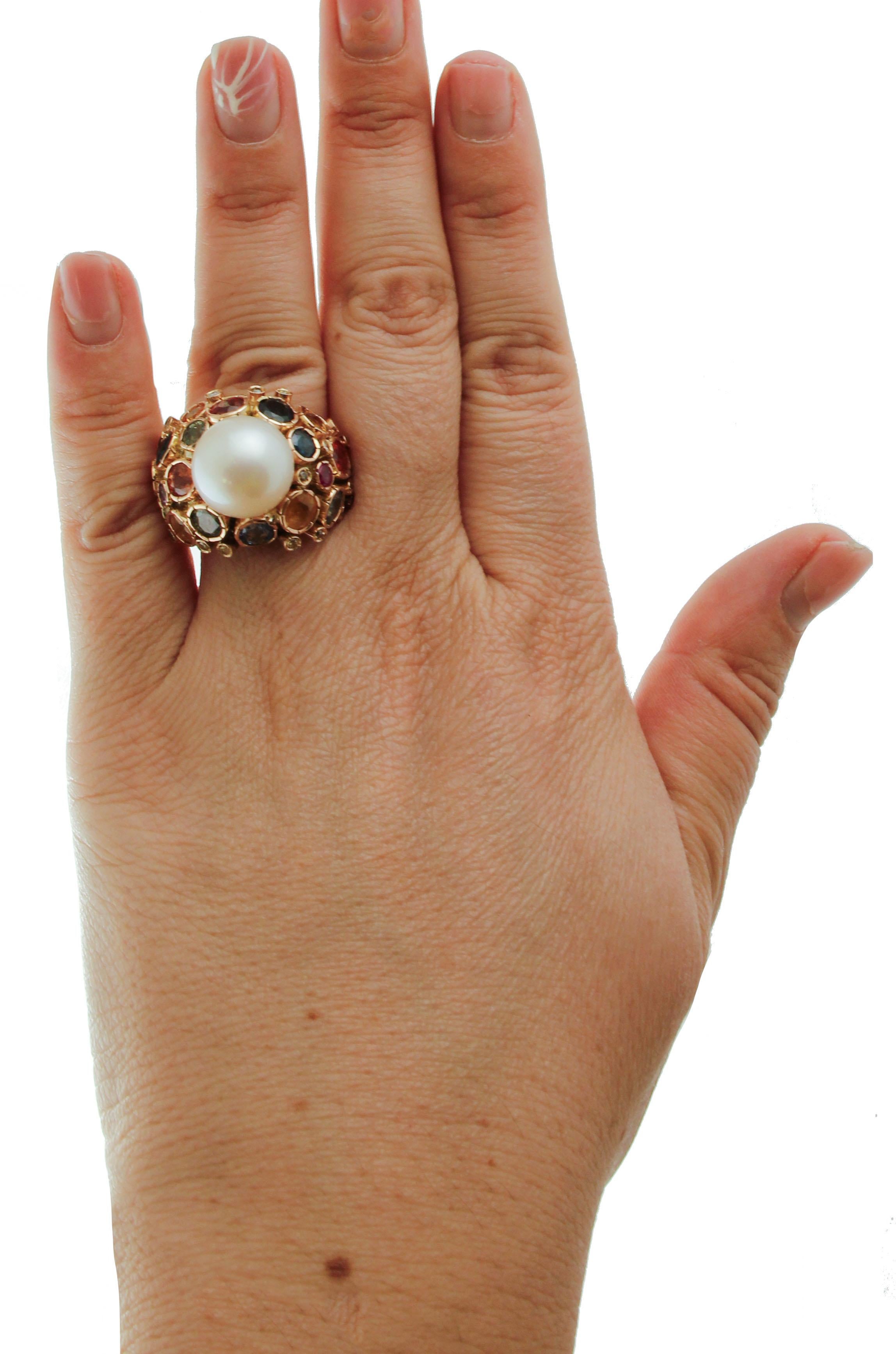 Women's Diamonds, Sapphires, South Sea Pearl, 14 Karat Yellow Gold Vintage Ring For Sale