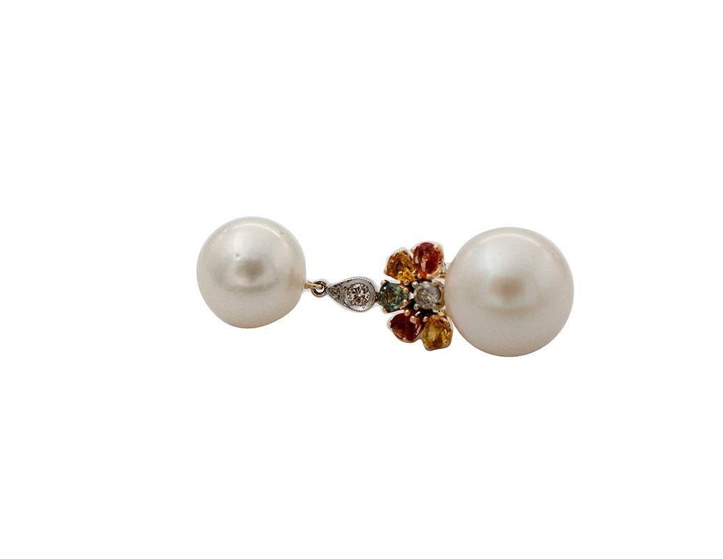 Retro Diamonds, Sapphires, South Sea Pearls, 14 Karat White and Yellow Gold Earrings