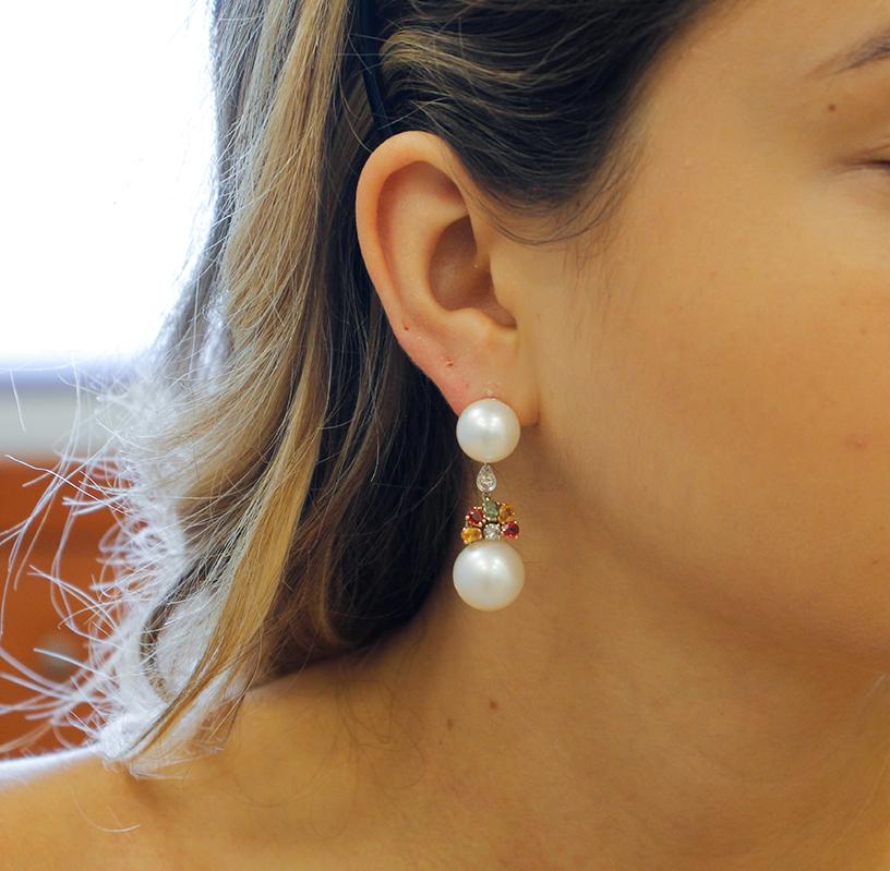 Women's Diamonds, Sapphires, South Sea Pearls, 14 Karat White and Yellow Gold Earrings