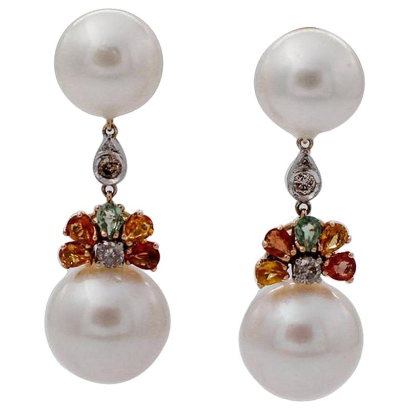 Diamonds, Sapphires, South Sea Pearls, 14 Karat White and Yellow Gold Earrings