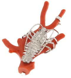 Diamonds Sardinian Coral 18 Carat White Gold Brooch