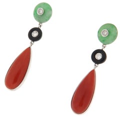 Diamonds Sardinian Coral Jade Onyx 18 Carat White Gold Drop Earrings