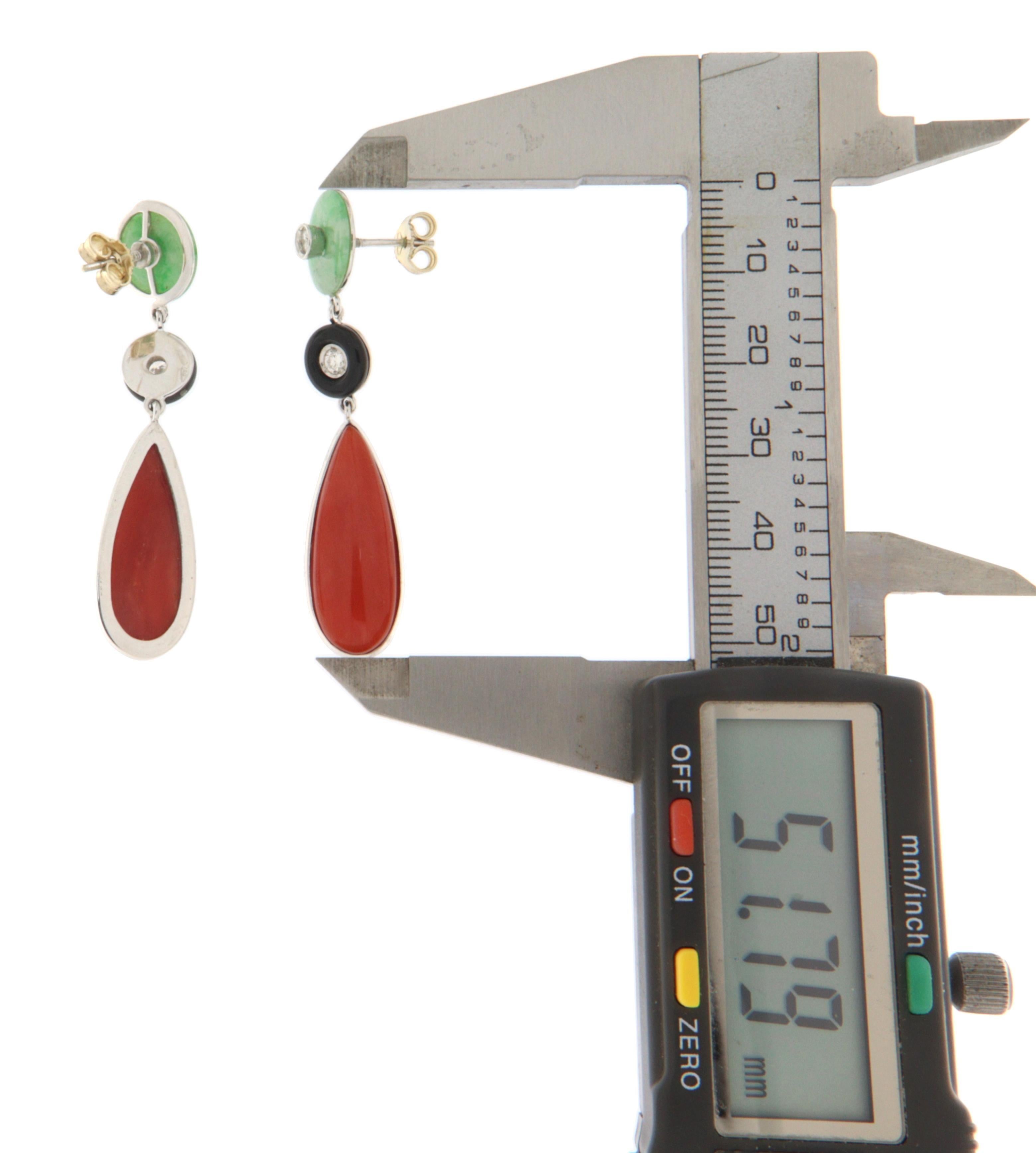 Diamants Boucles d'oreilles pendantes en or blanc 18 carats Jade Onyx Corail de Sardaigne Neuf - En vente à Marcianise, IT