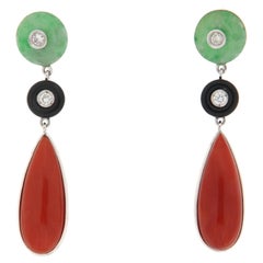 Diamanti Corallo Sardo Giada Onice Orecchini a goccia in oro bianco 18 Kt