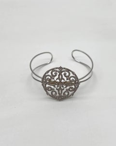 Diamonds Scroll Symbol Motifs Emblem 18K White Gold Statement Bangle Bracelet