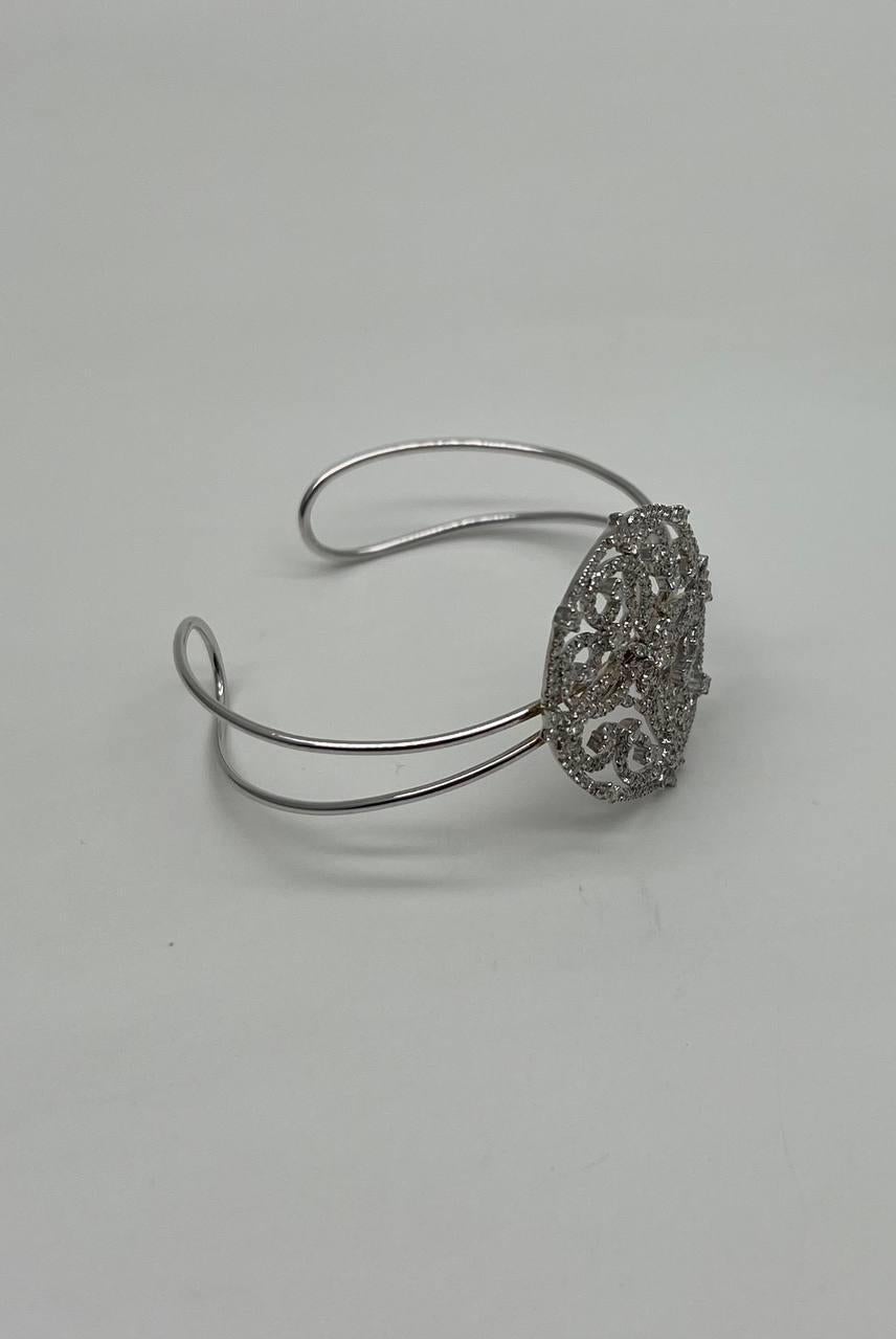 Mixed Cut Diamonds Scroll Symbol Motifs Emblem 18K White Gold Statement Bangle Bracelet For Sale