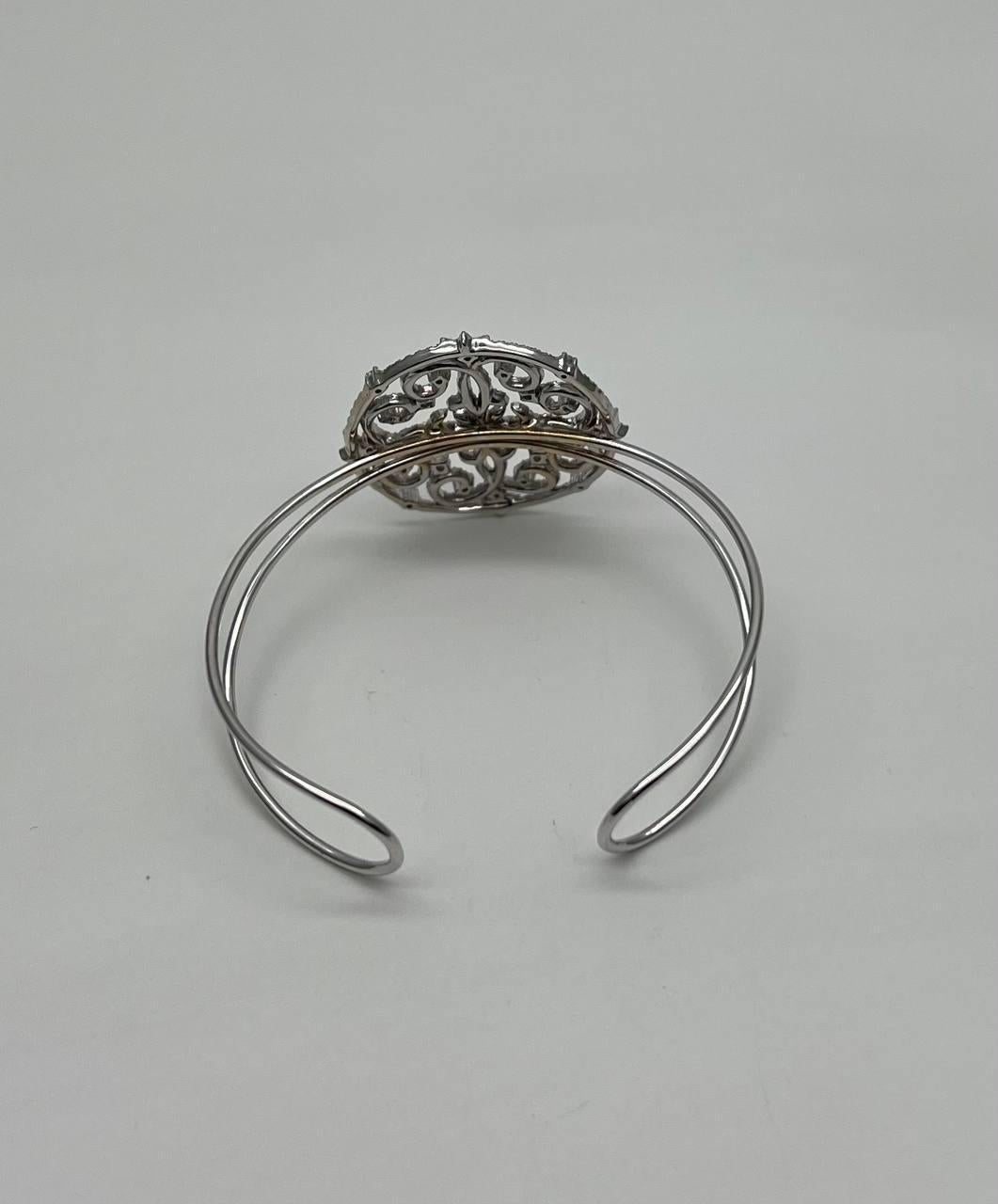 Women's Diamonds Scroll Symbol Motifs Emblem 18K White Gold Statement Bangle Bracelet For Sale