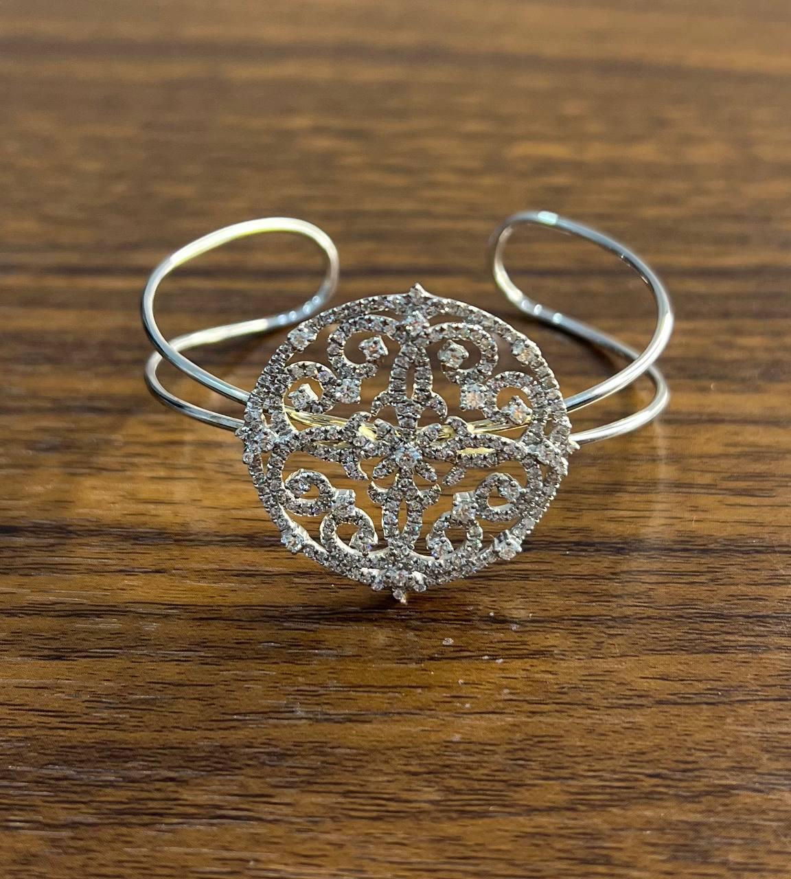 Diamonds Scroll Symbol Motifs Emblem 18K White Gold Statement Bangle Bracelet For Sale 1