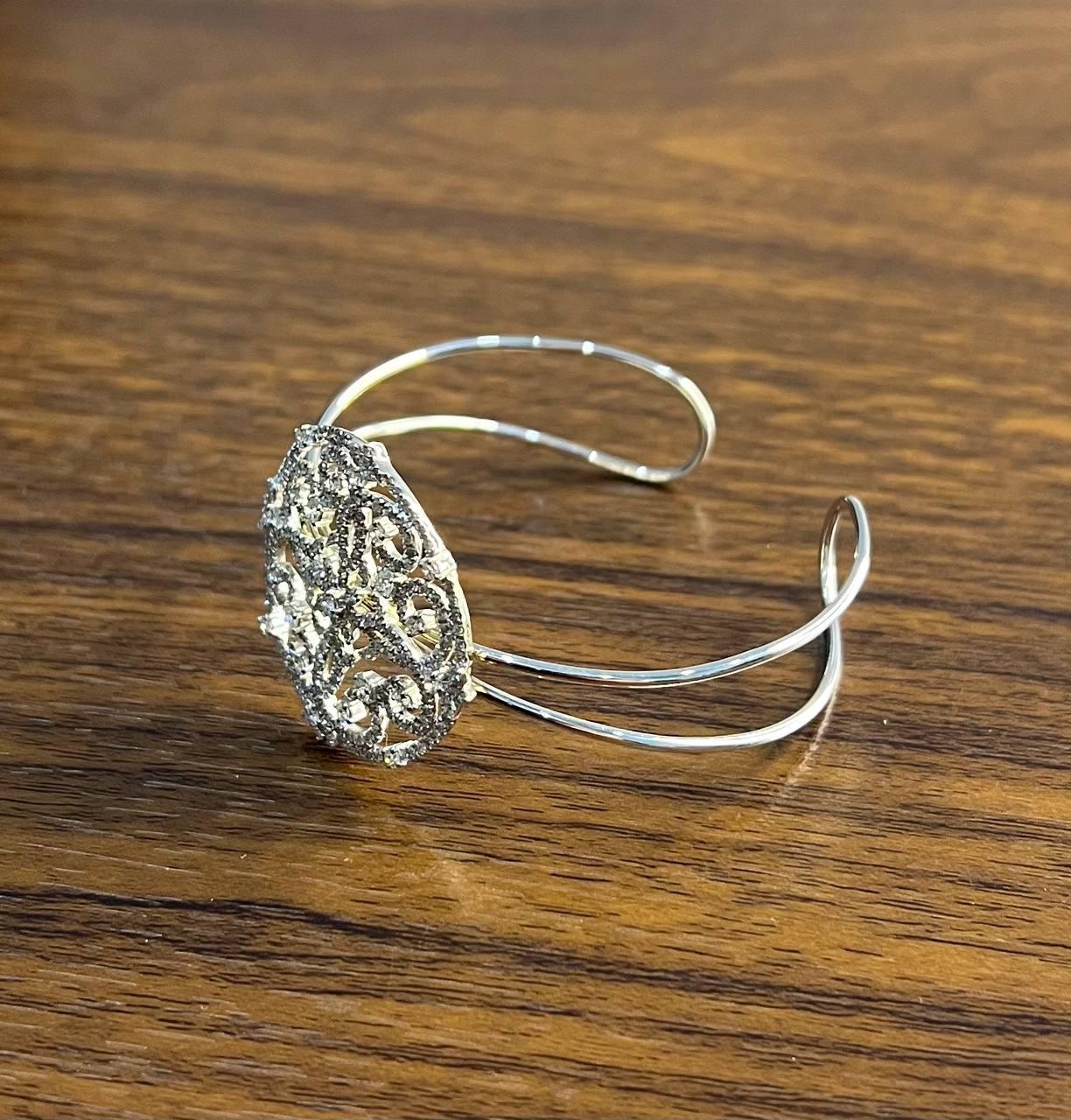 Diamonds Scroll Symbol Motifs Emblem 18K White Gold Statement Bangle Bracelet For Sale 3