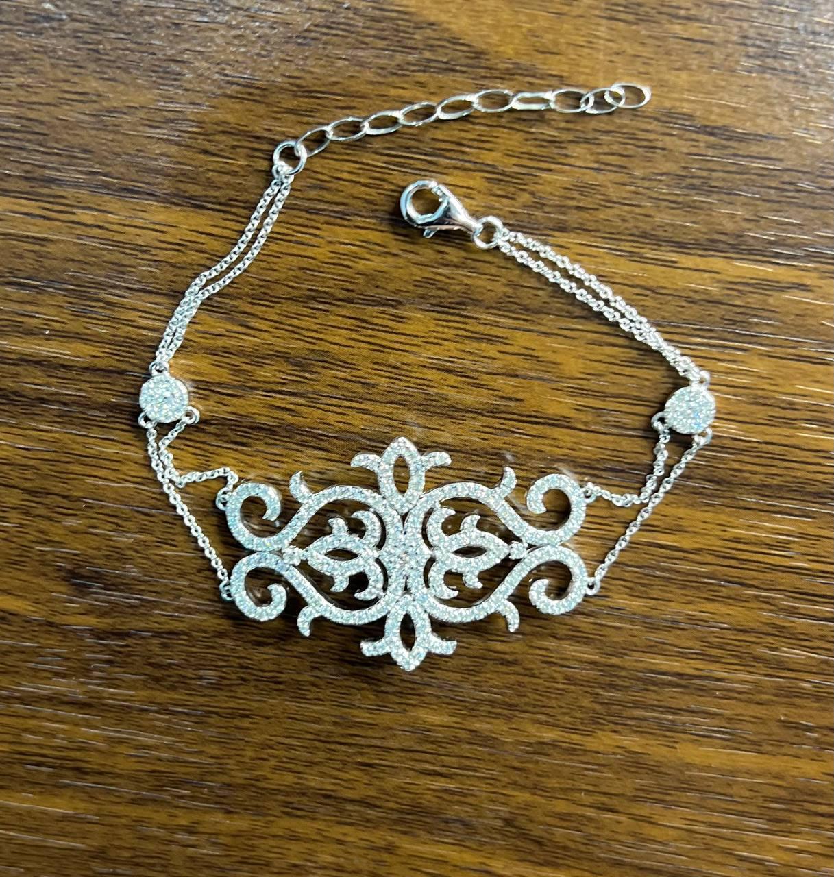 Diamonds Scroll Symbol Motifs Emblem 18K White Gold Statement Chain Bracelet For Sale 1