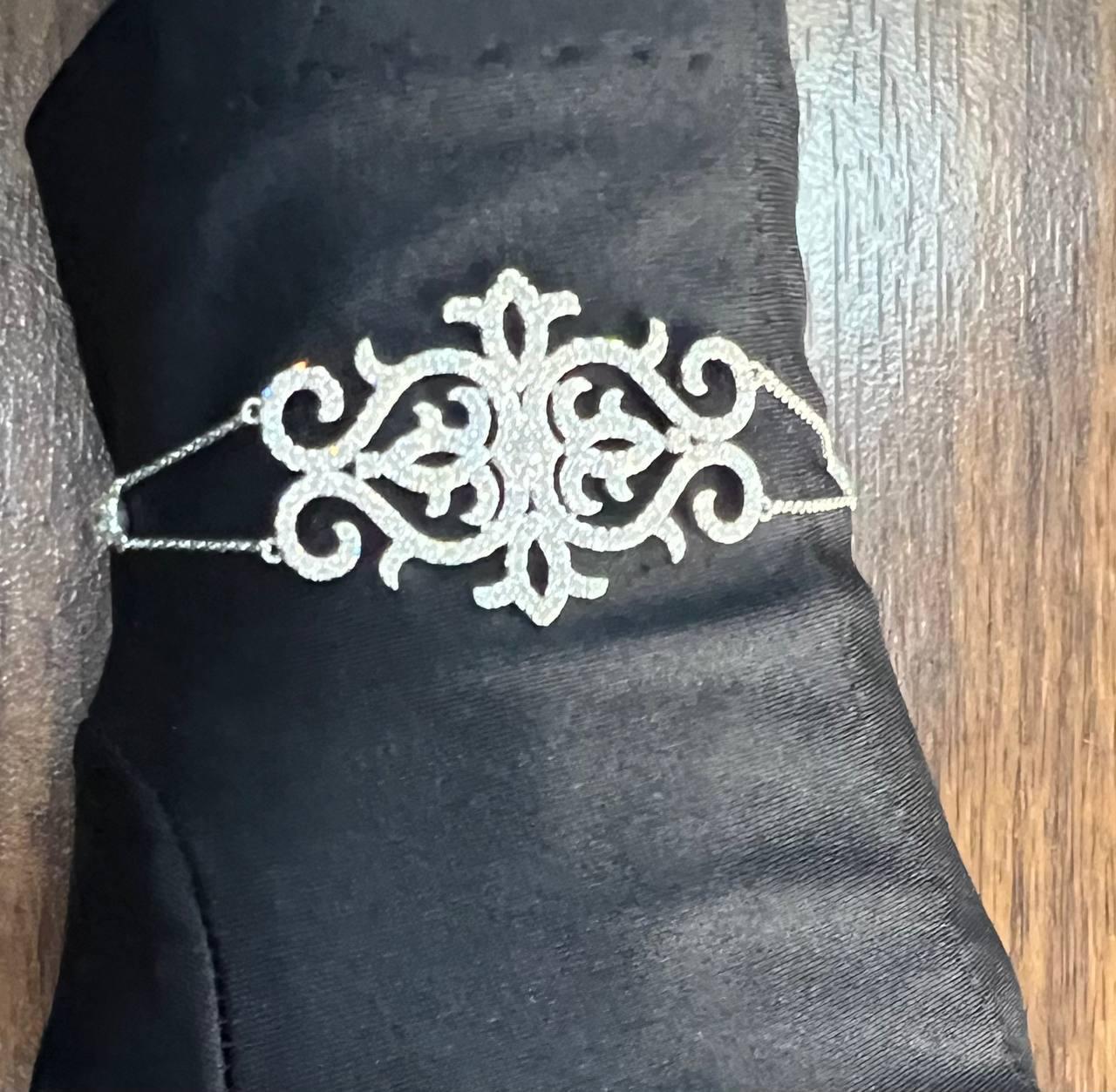 Diamonds Scroll Symbol Motifs Emblem 18K White Gold Statement Chain Bracelet For Sale 4