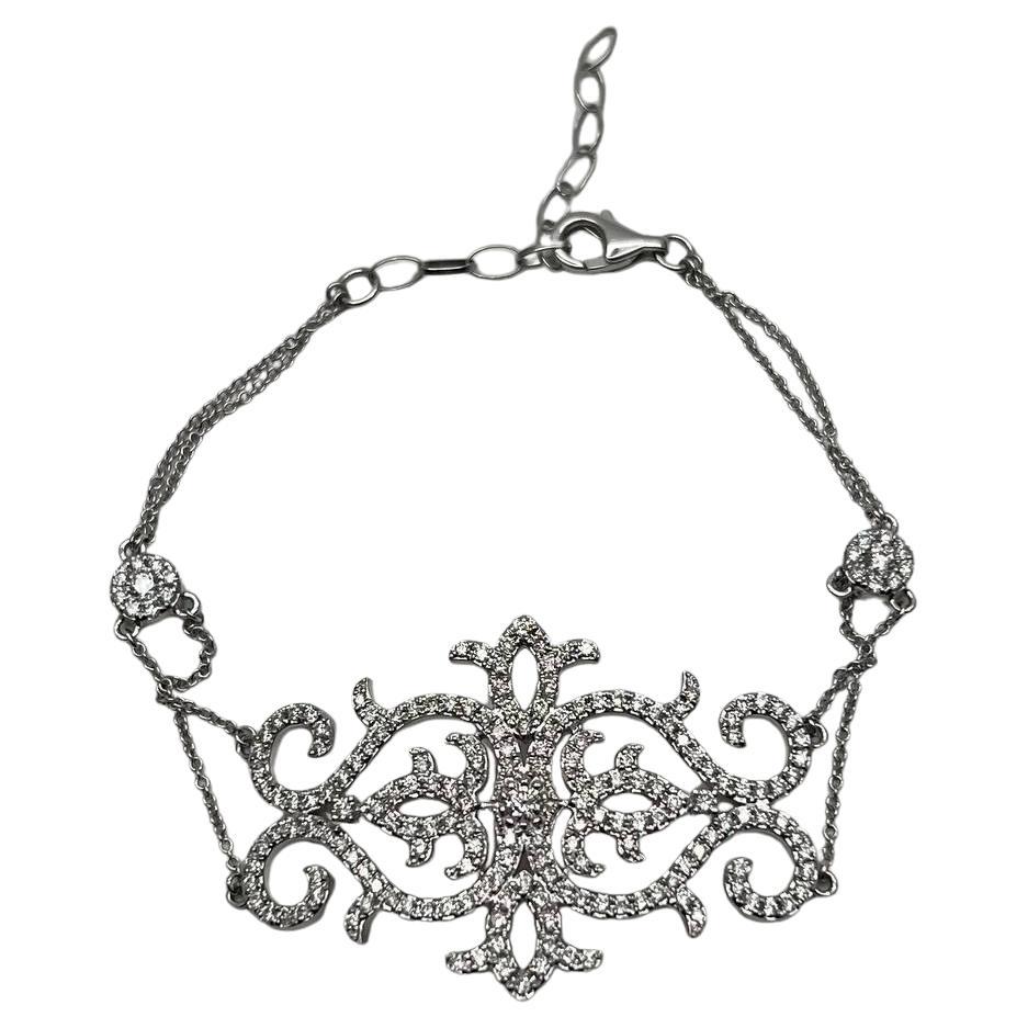 Diamonds Scroll Symbol Motifs Emblem 18K White Gold Statement Chain Bracelet