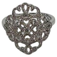 Diamonds Scroll Symbol Motifs Emblem Halo Set 18K White Gold Statement Ring