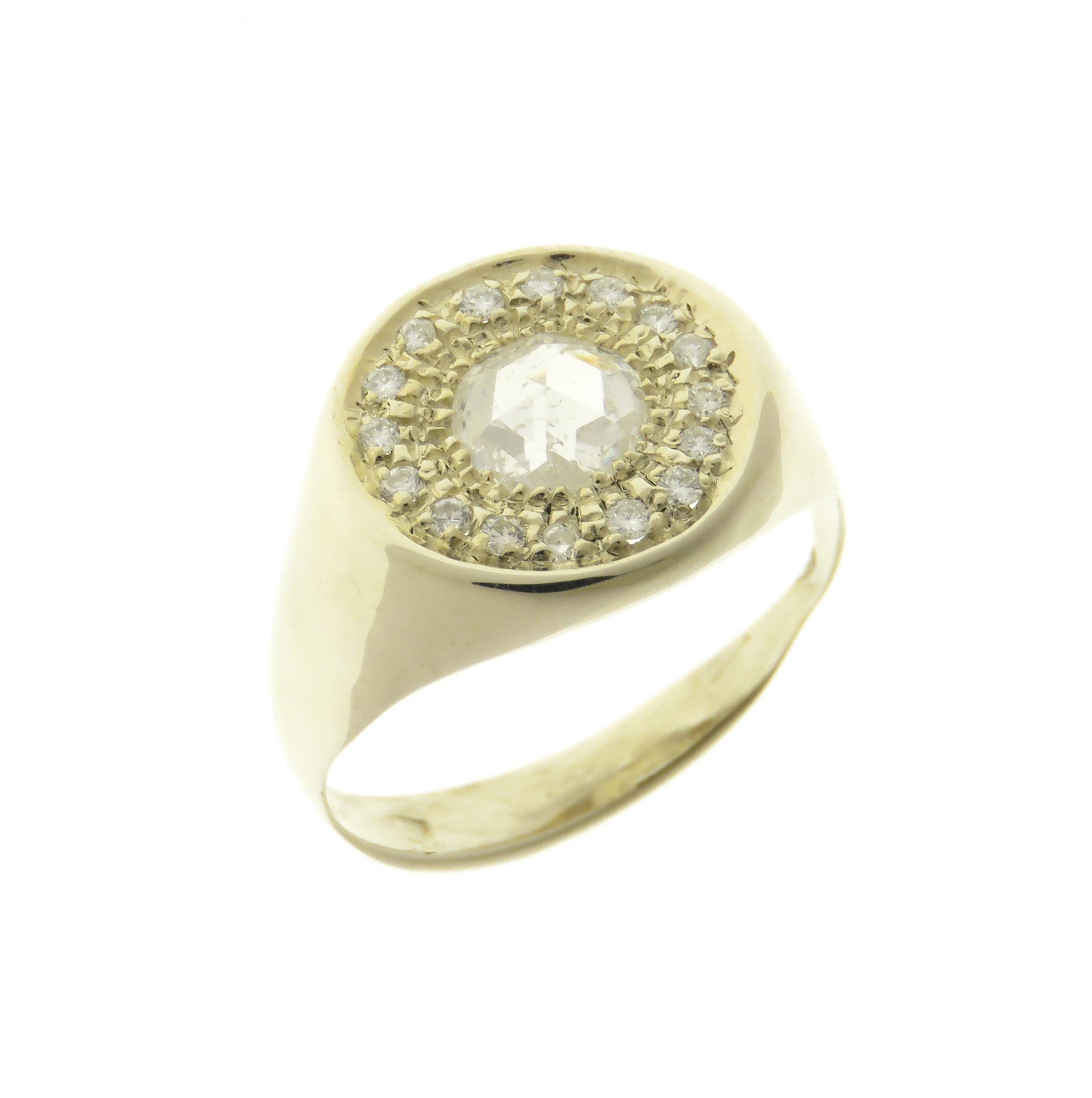 Rose Cut Diamonds Signet 9 Karat White Gold Ring Handcrafted in Italy by Botta Gioielli