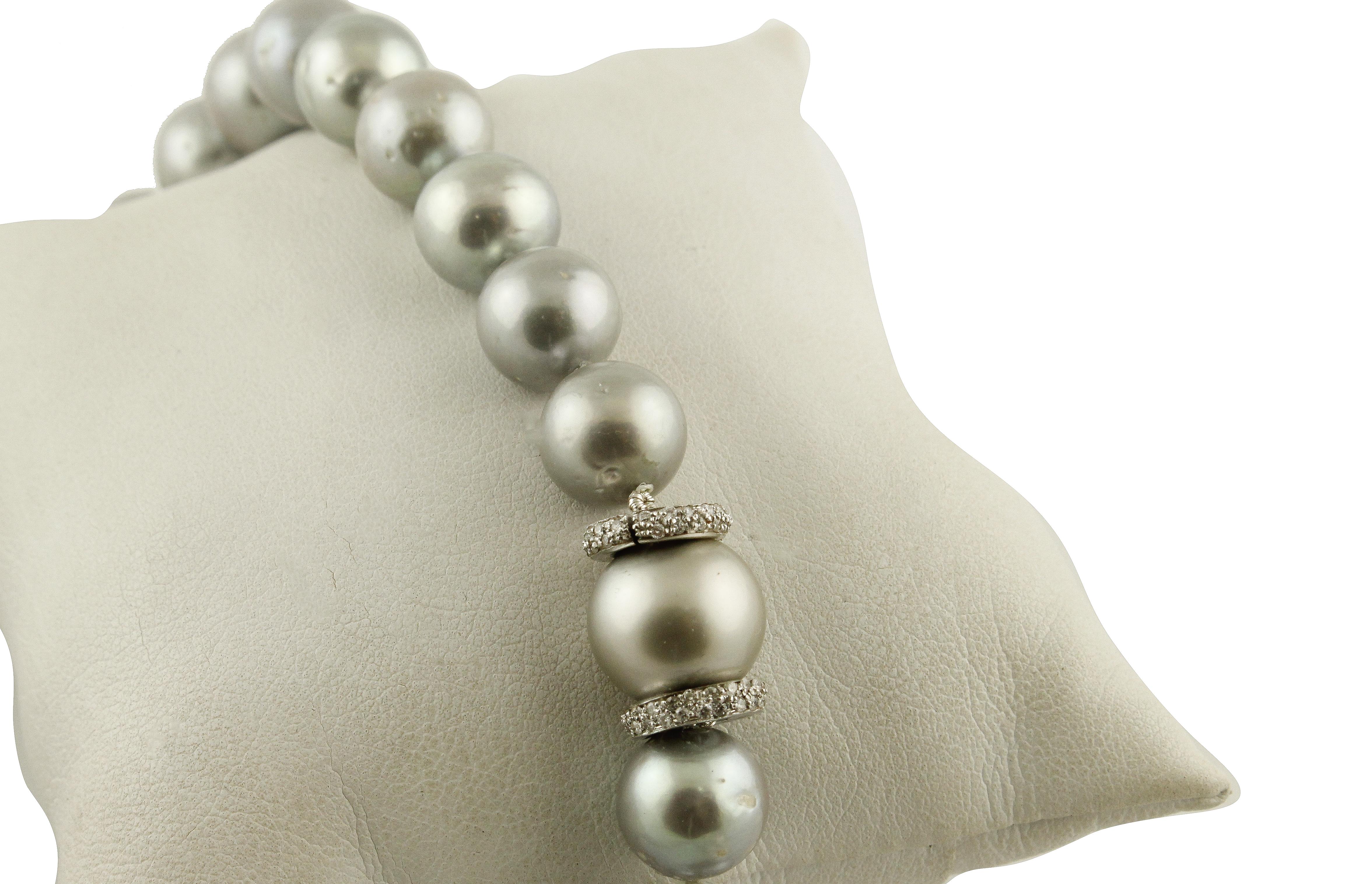 Diamanten Silber Perlen Weißgold Verschluss Perlenkette (Moderne)
