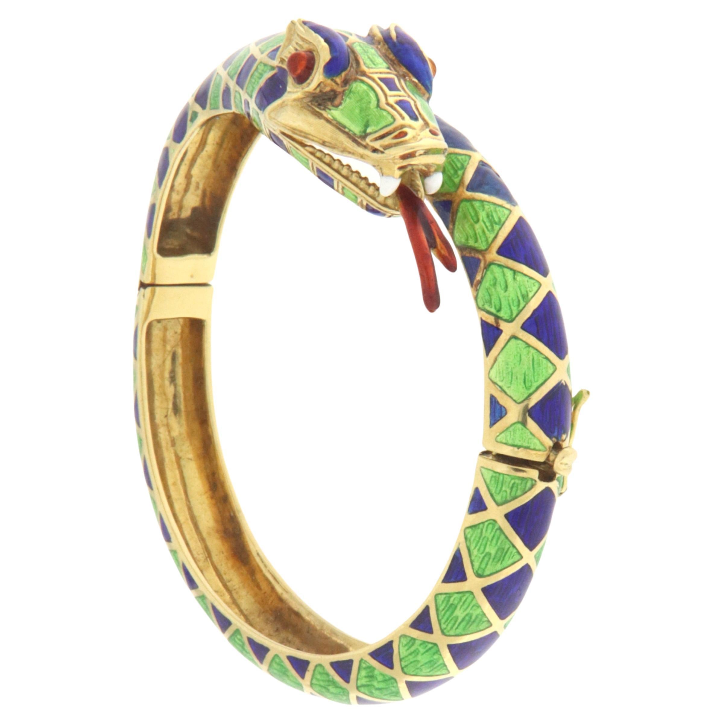 Diamonds Sapphires 18 Karat Yellow Gold Snake Bangle Bracelet For Sale ...