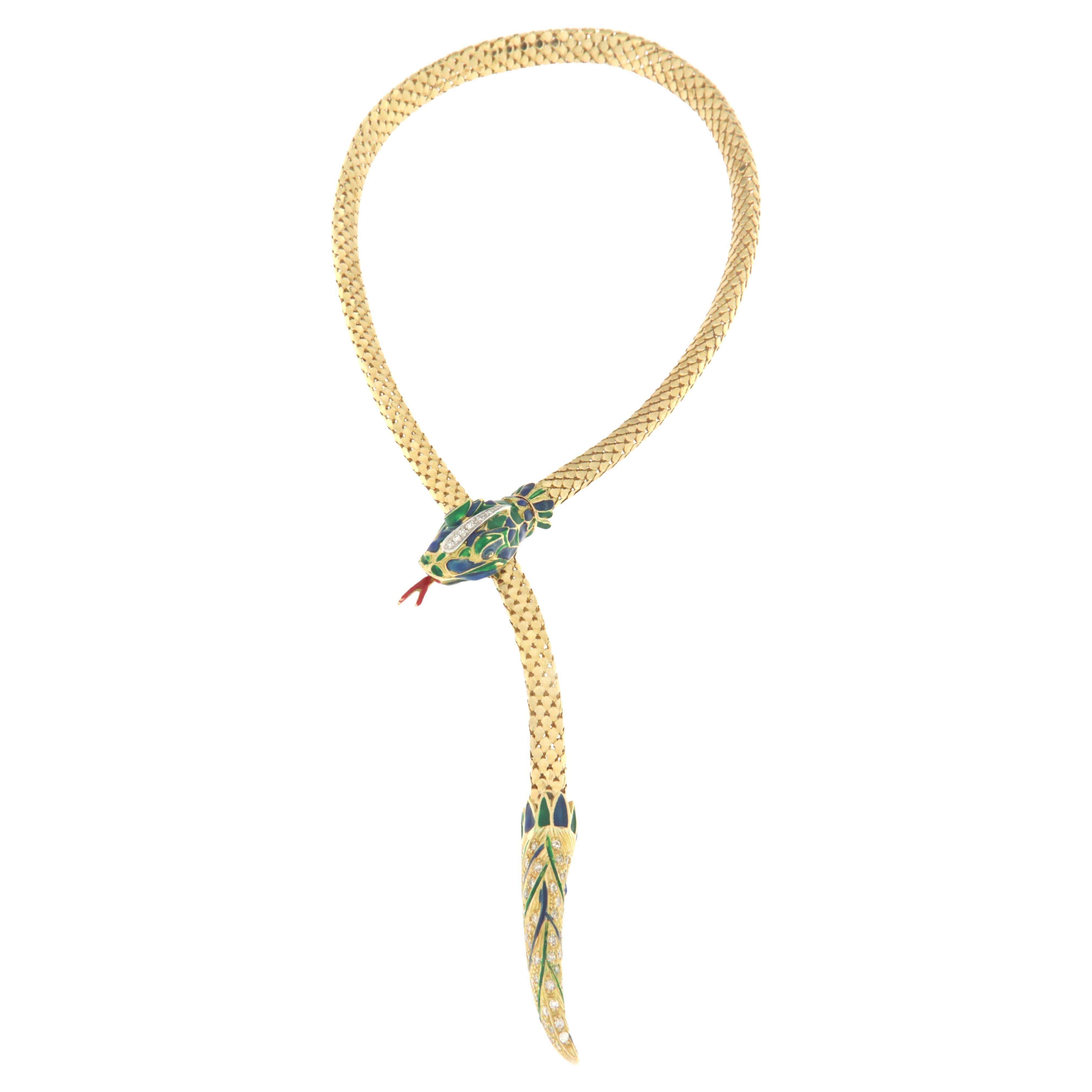 Diamonds Snake 18 Karat Yellow Gold Choker Necklace For Sale
