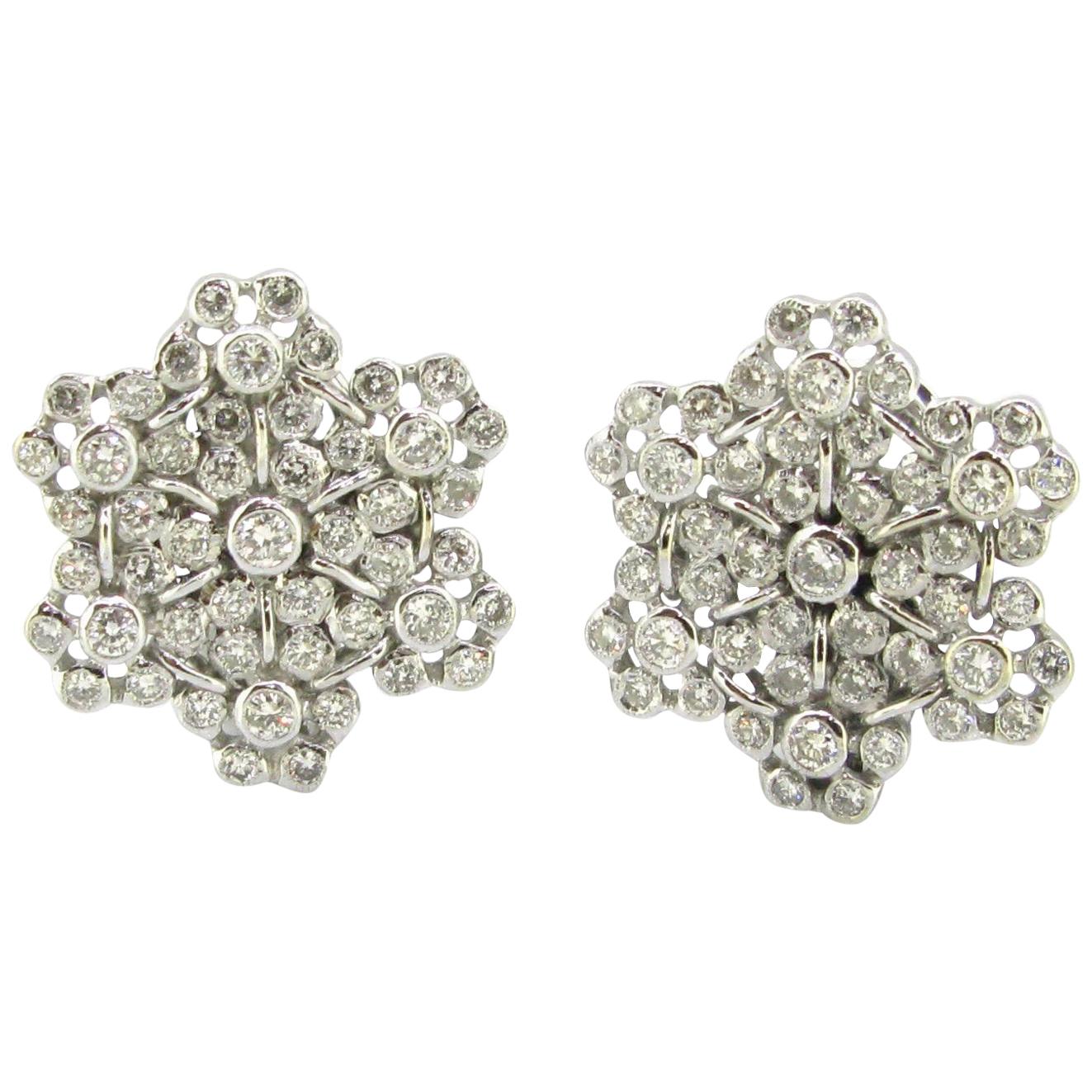 Diamonds Snowflake Earrings Clips, 18 Karat White Gold, France For Sale