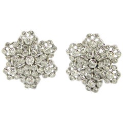 Vintage Diamonds Snowflake Earrings Clips, 18 Karat White Gold, France