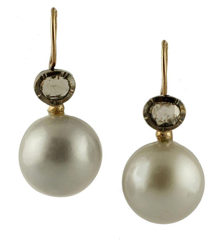 Diamonds, South Sea Pearl, 9 Karat Rose Gold and Silver Dangle Earrings
