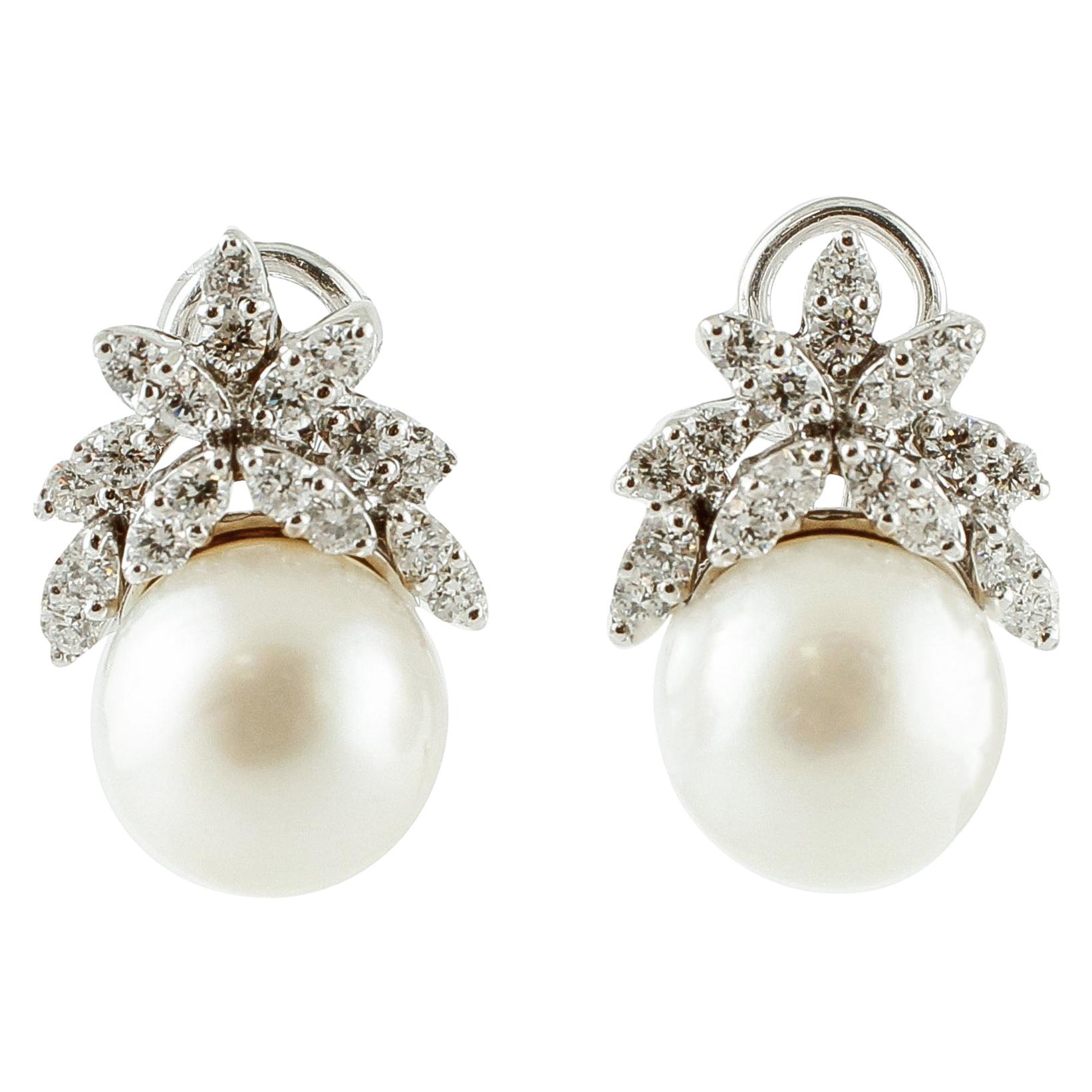 Diamonds, South Sea Pearls, 18 Karat White Gold Earrings