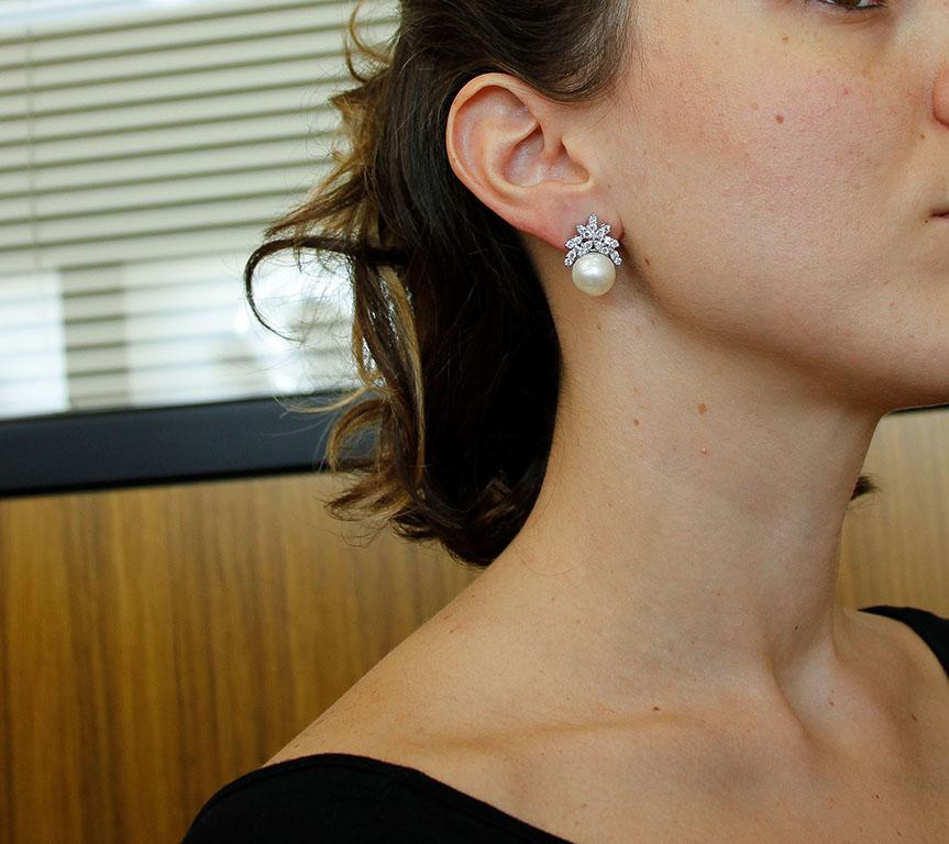 Women's Diamonds, South Sea Pearls, 18 Karat White Gold Earrings