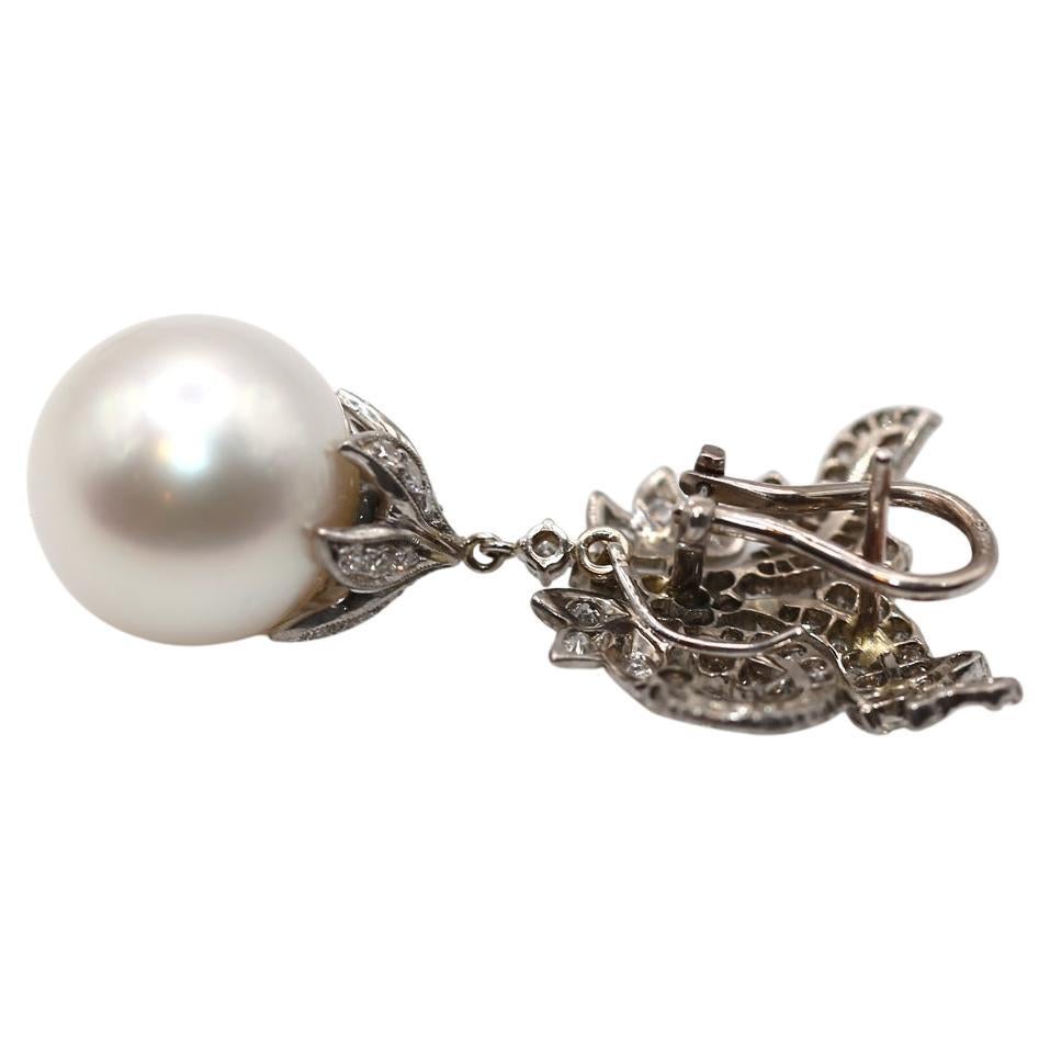 Round Cut Diamonds South Sea Pearls Day Night Transformer Earrings 18K, 1970 For Sale