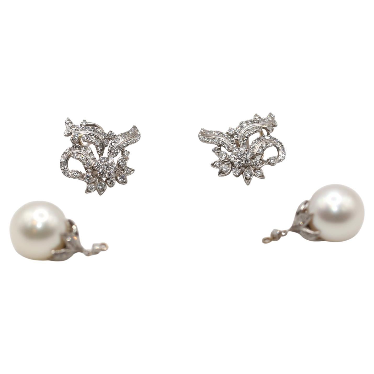 Women's Diamonds South Sea Pearls Day Night Transformer Earrings 18K, 1970 For Sale
