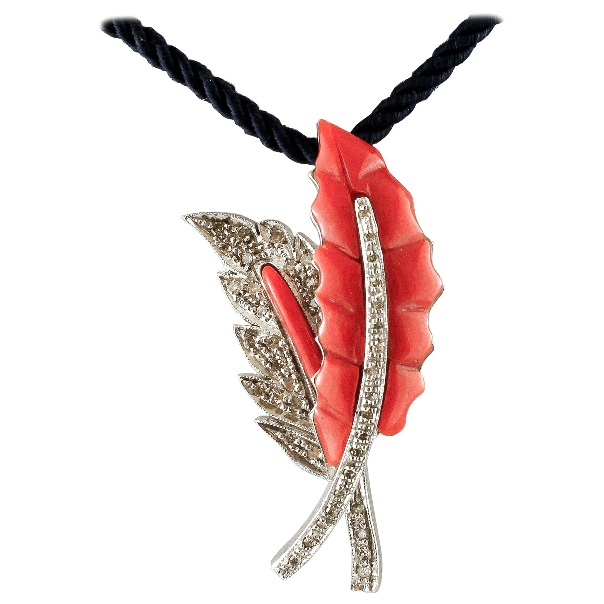 Diamonds, Red Coral, 14 Karat White Gold Two Leaves Shape Pendant Necklace